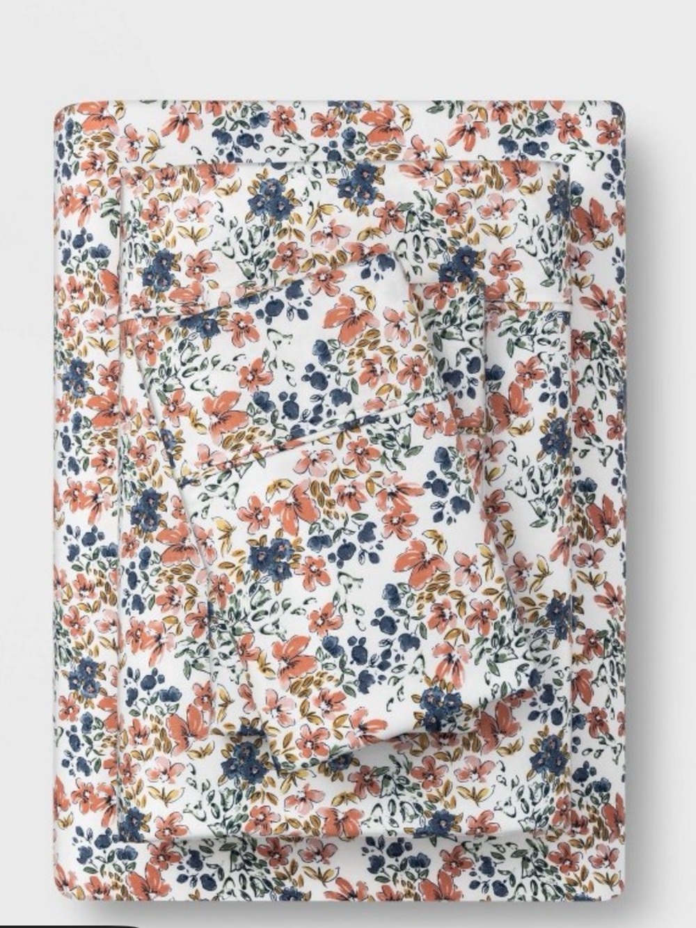 Twin/Twin XL Ditsy Floral Cotton Sheet Set - White with Blue & Rust Flowers